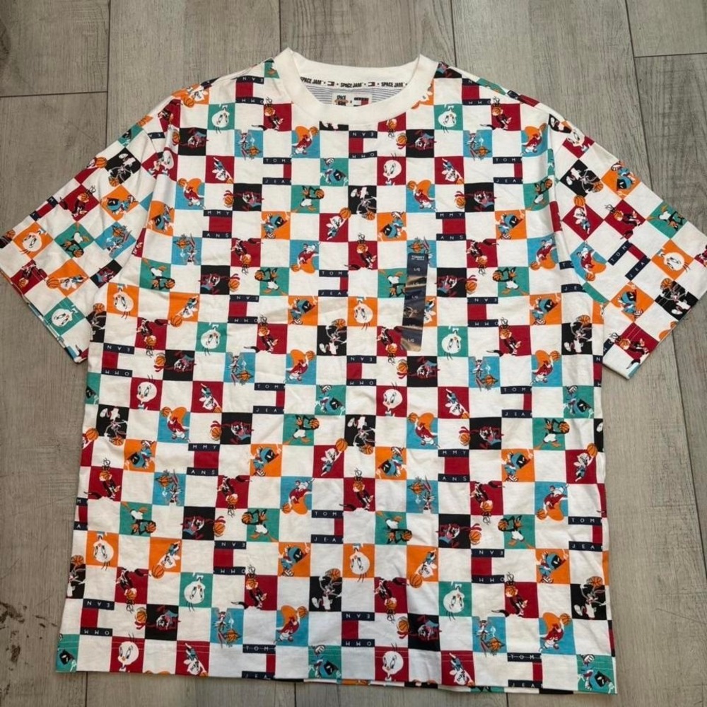 RARE TOMMY JEANS X SPACE JAM 2 CHECKERED PRINT T‎ SHIRT Men L